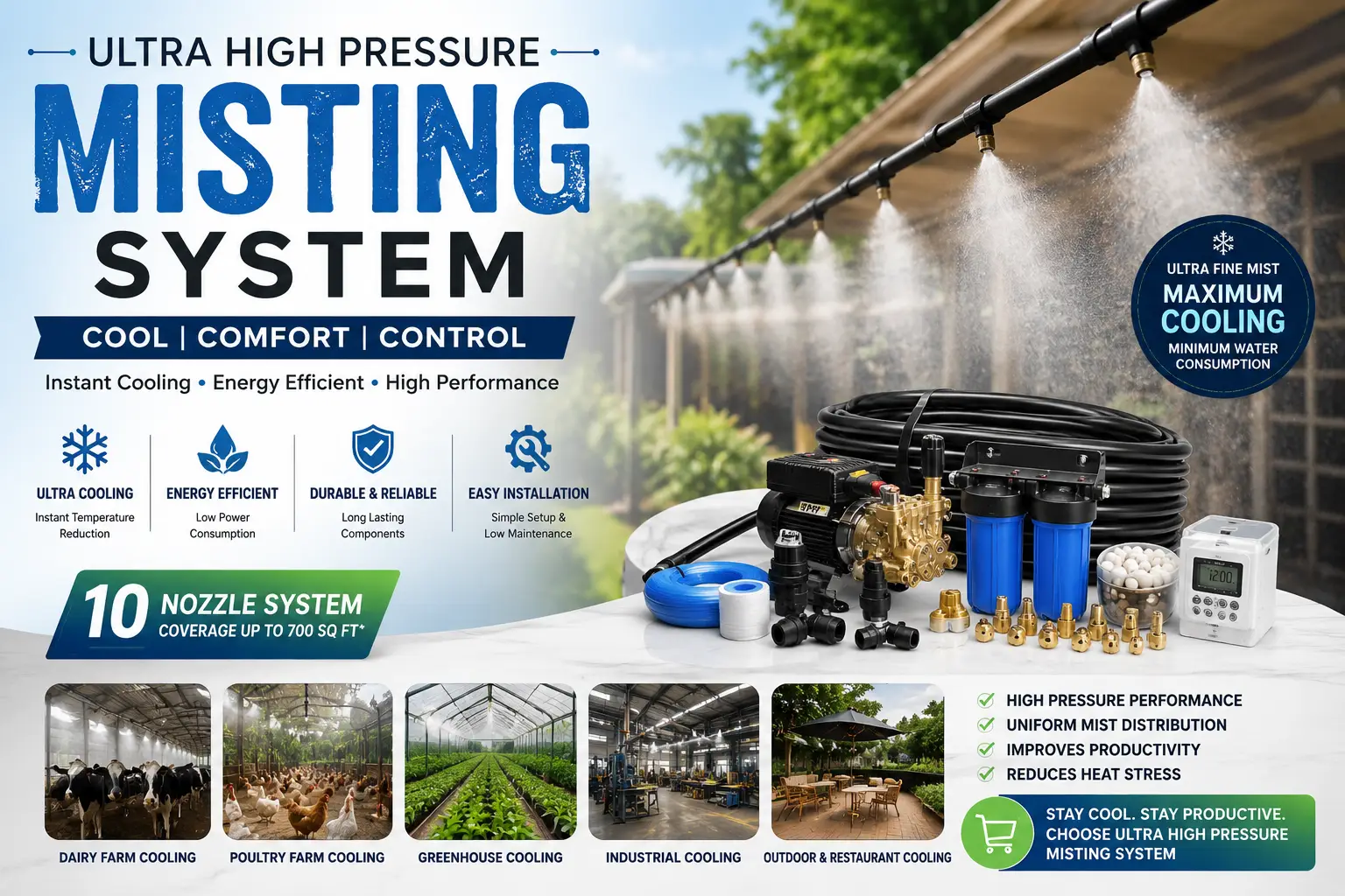 Ultra High Pressure Misting System banner showing high-pressure cooling mist nozzles with pump, filters, timer, pipe and accessories for dairy farm, poultry farm, greenhouse, industrial and outdoor cooling applications.